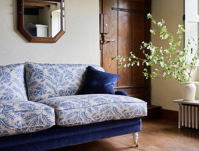 Coates 4 seater sofa in Mohair Indigo with seat and back cushions in RHS_Gertrude Jekyll Meadow Flower Blue